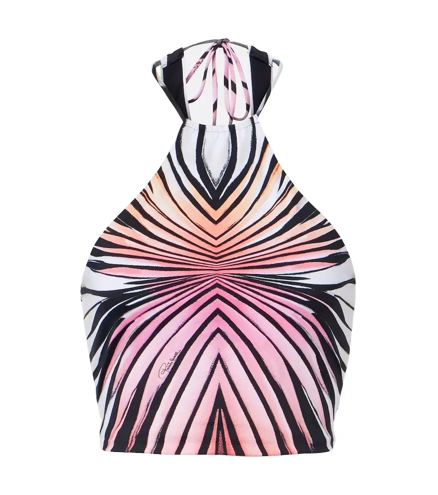 Roberto Cavalli Printed halterneck mesh crop top
