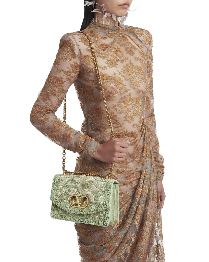 Valentino Garavani Beaded Floral-Embroidered Moire Shoulder Bag