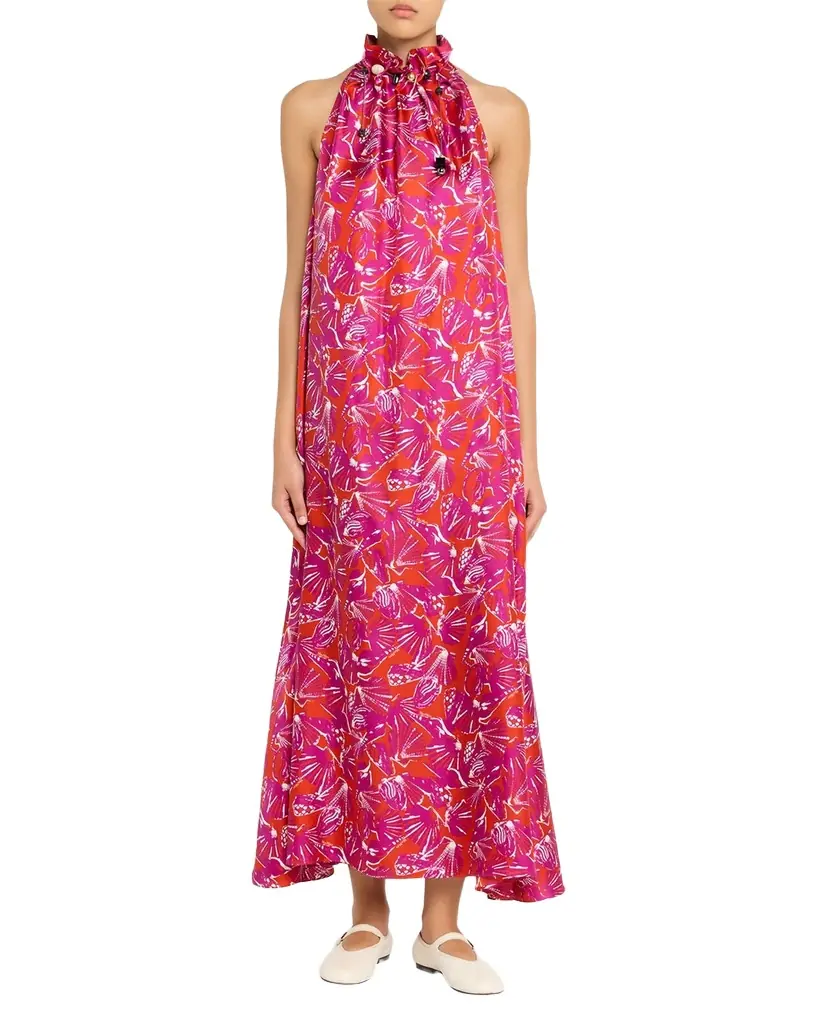 Max Mara Shell-Print Trapeze Silk Maxi Dress