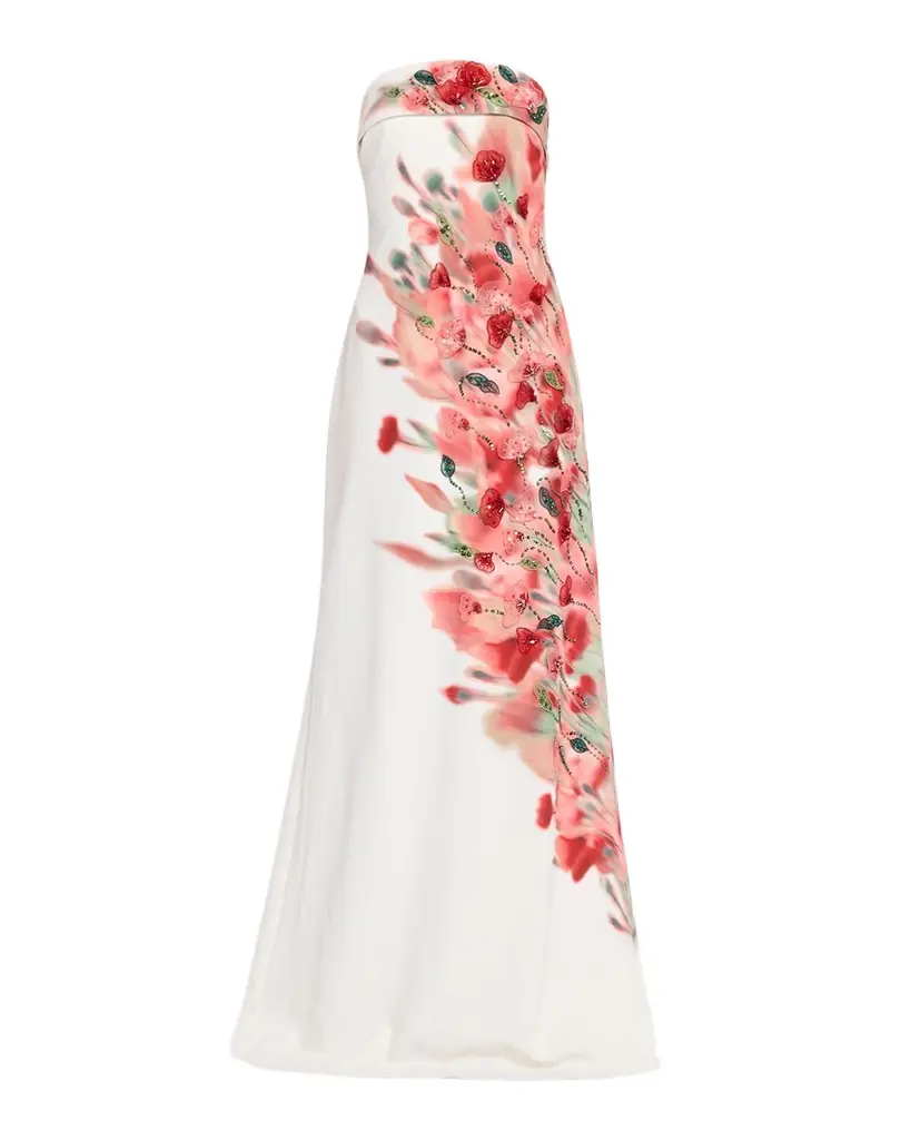 Badgley Mischka Strapless Floral-Print Crepe Gown