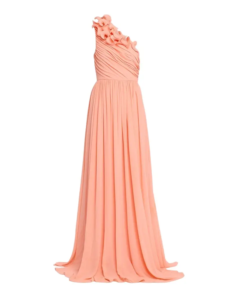 Badgley Mischka Pleated One-Shoulder Georgette Gown