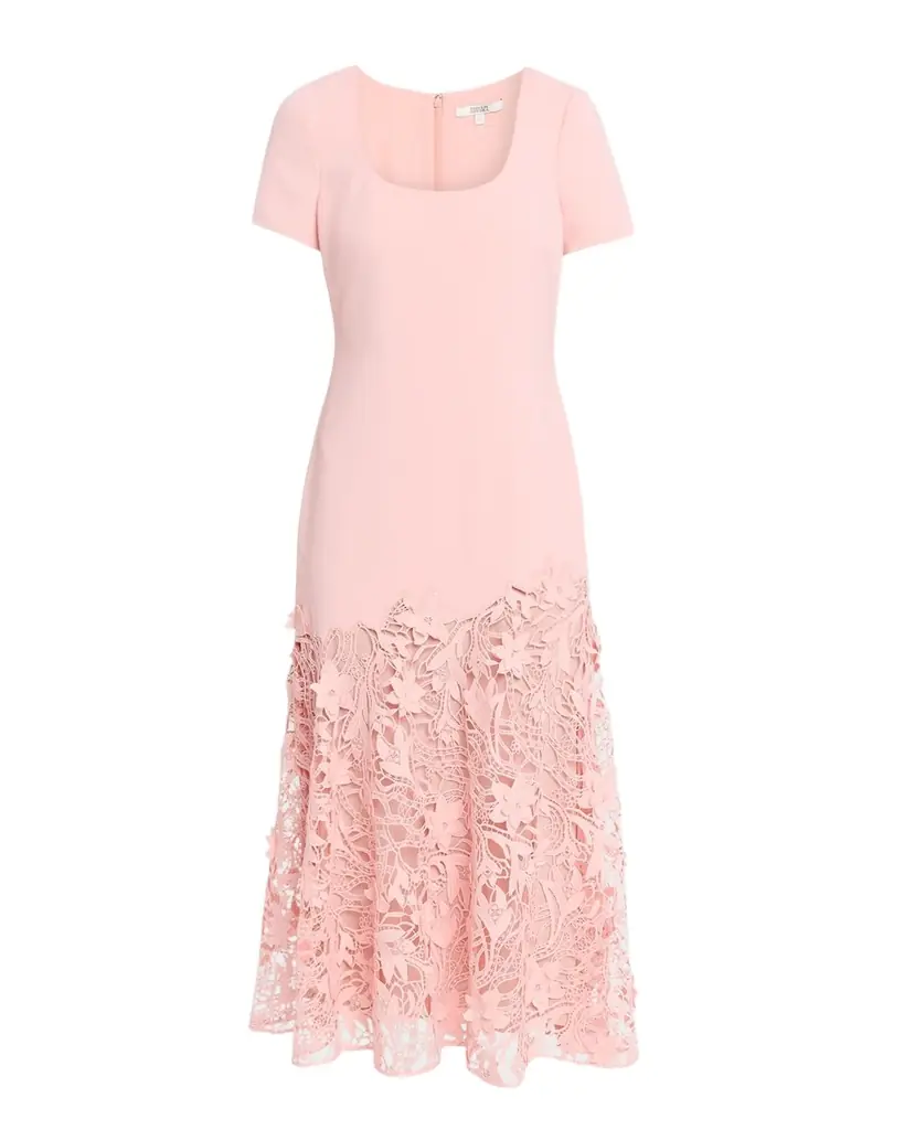 Badgley Mischka Drop-Waist Crepe & Lace Midi Dress