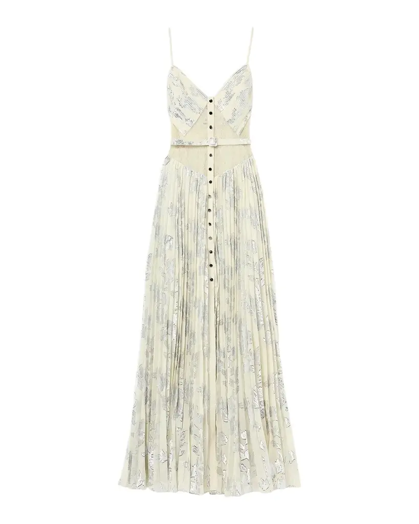 Self-Portrait Pleated Metallic Floral Maxi Dress