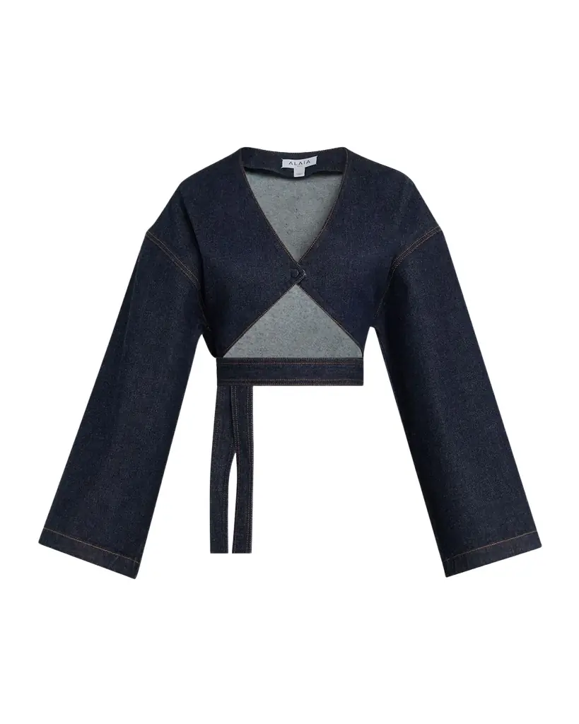 ALAIA Long-Sleeve Denim Crop Wrap Top