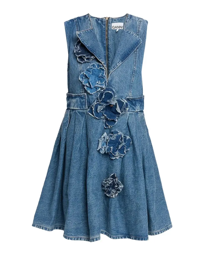 Ganni Denim Floral Appliqué Mini Dress