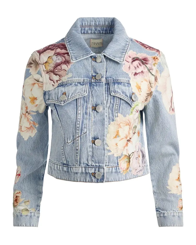 ALICE + OLIVIA Chloe Floral Embroidered Cropped Denim Jacket