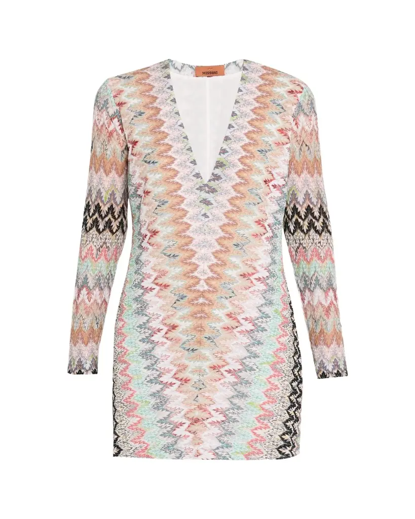 Missoni Plunging Metallic Zigzag Long-Sleeve Mini Dress