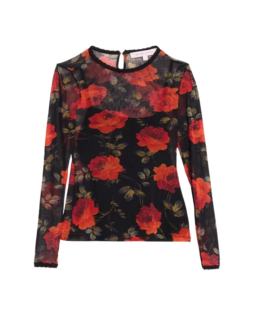 Carolina Herrera Rose Mesh Long-Sleeve Top