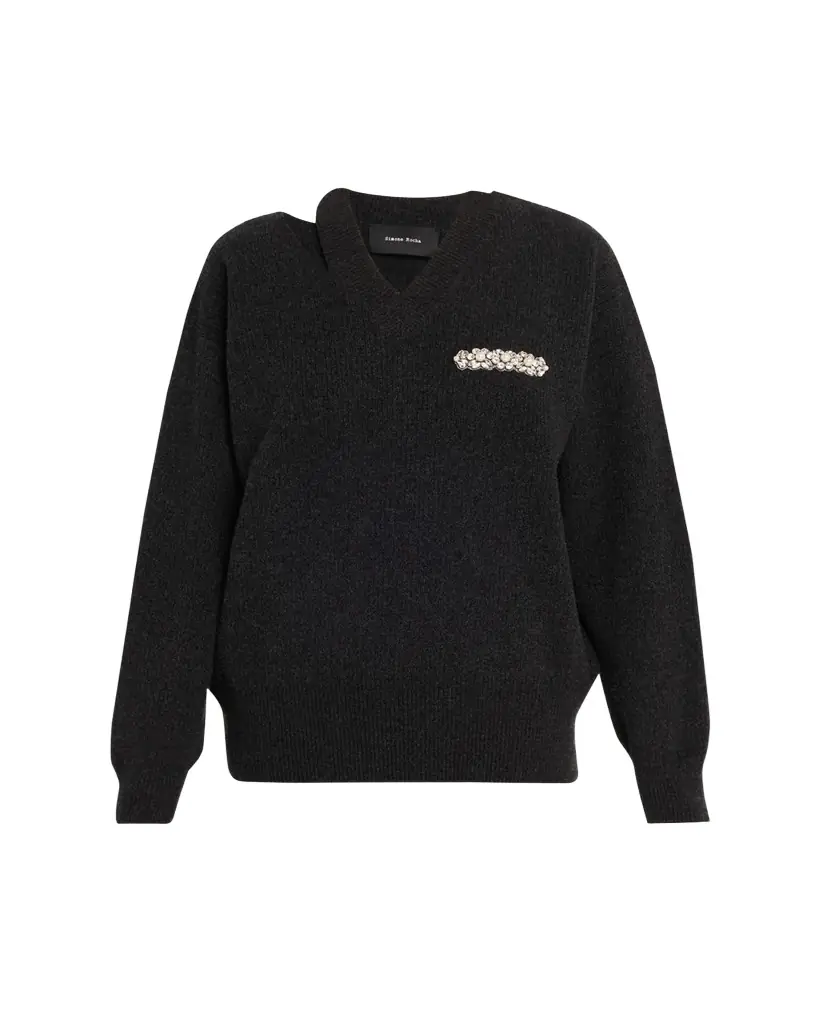 Simone Rocha Embellished Merino Wool Slash Cutout V-Neck Sweater