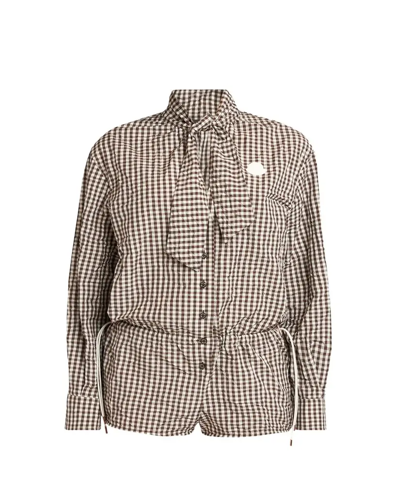 Moncler Vichy Long-Sleeve Romper with Bow