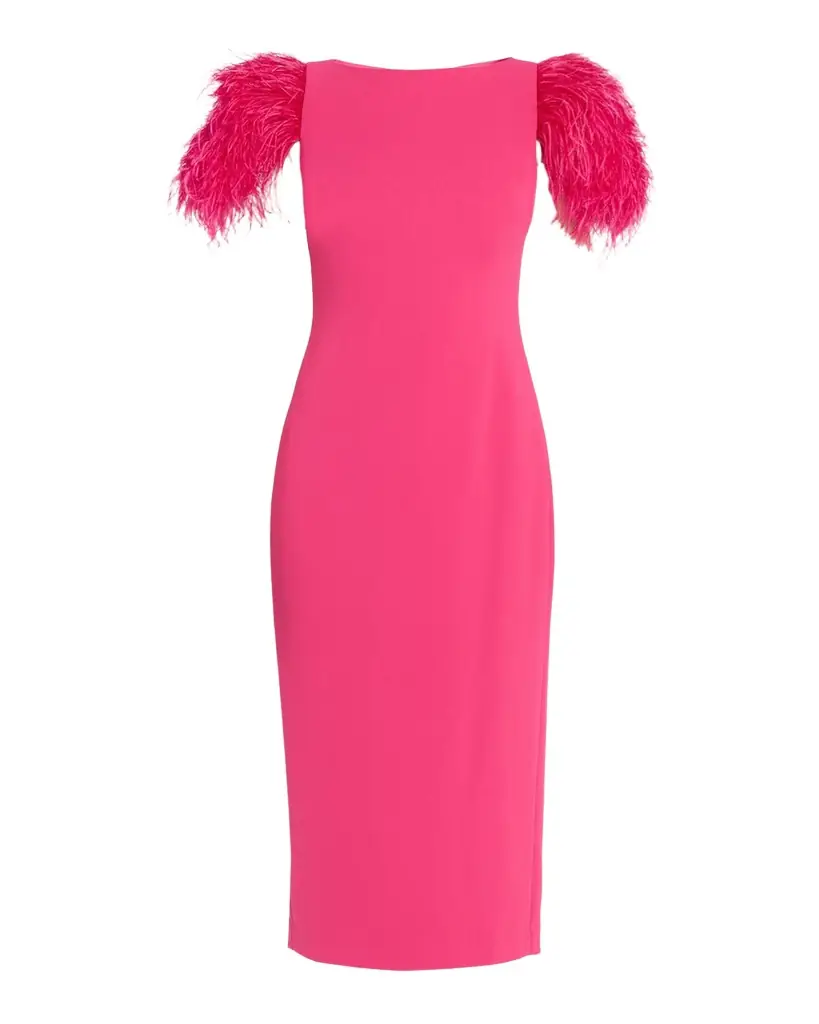 Badgley Mischka Feather-Sleeve Crepe Midi Sheath Dress