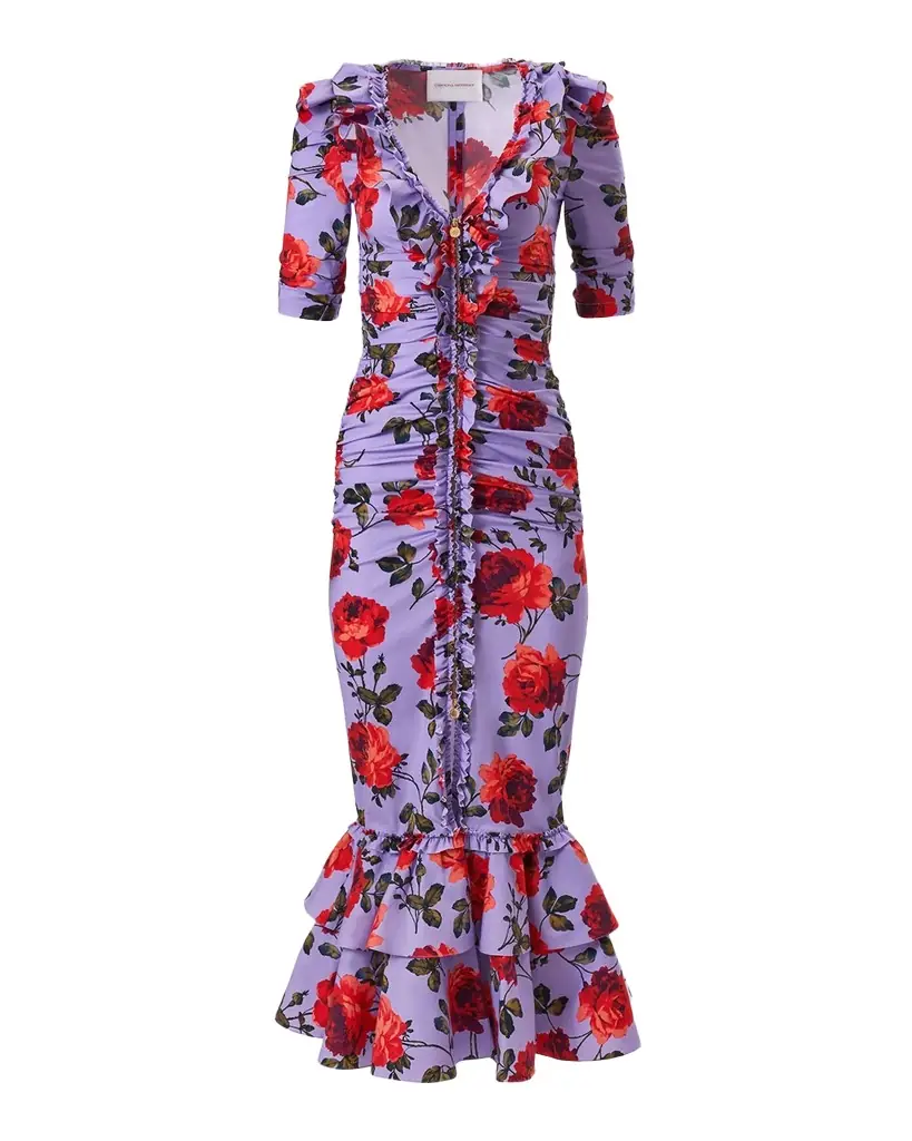 Carolina Herrera Rose-Print Ruched V-Neck Midi Dress