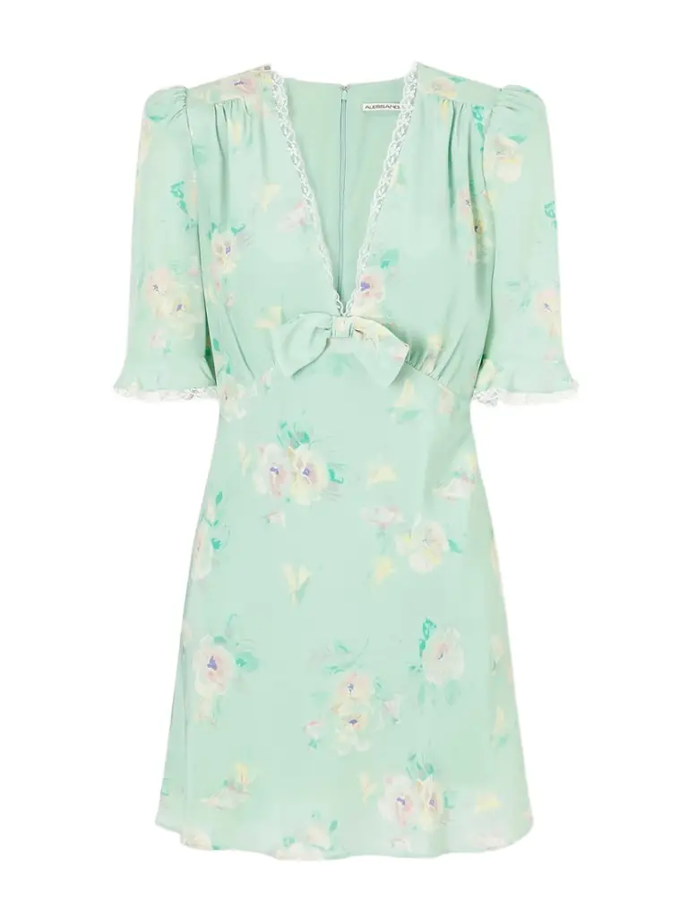 Alessandra Rich Floral-print Lace-trimmed Bow-embellished Silk Mini Dress