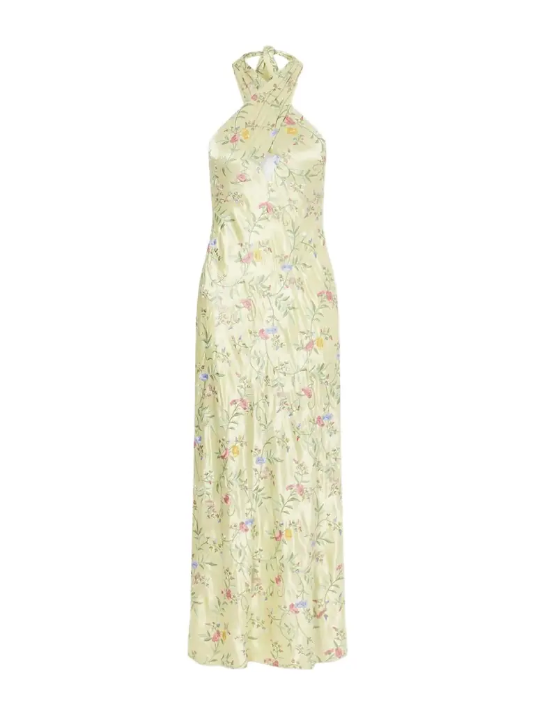 Rixo Dune Floral-embroidered Satin Maxi Dress