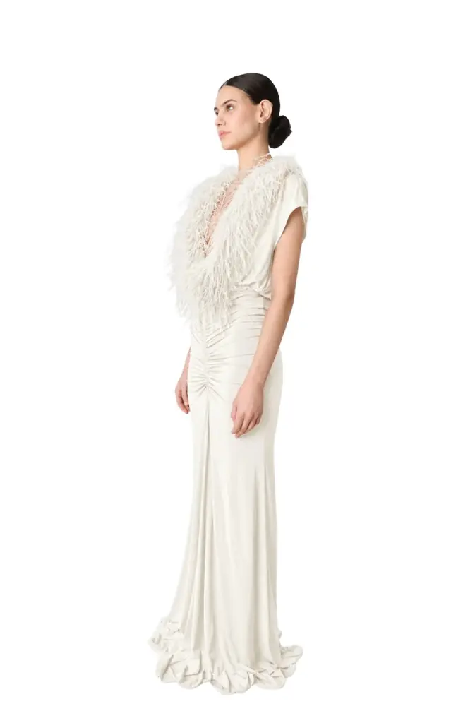LAPOINTE Jersey V Neck Shirred Gown With Feathers