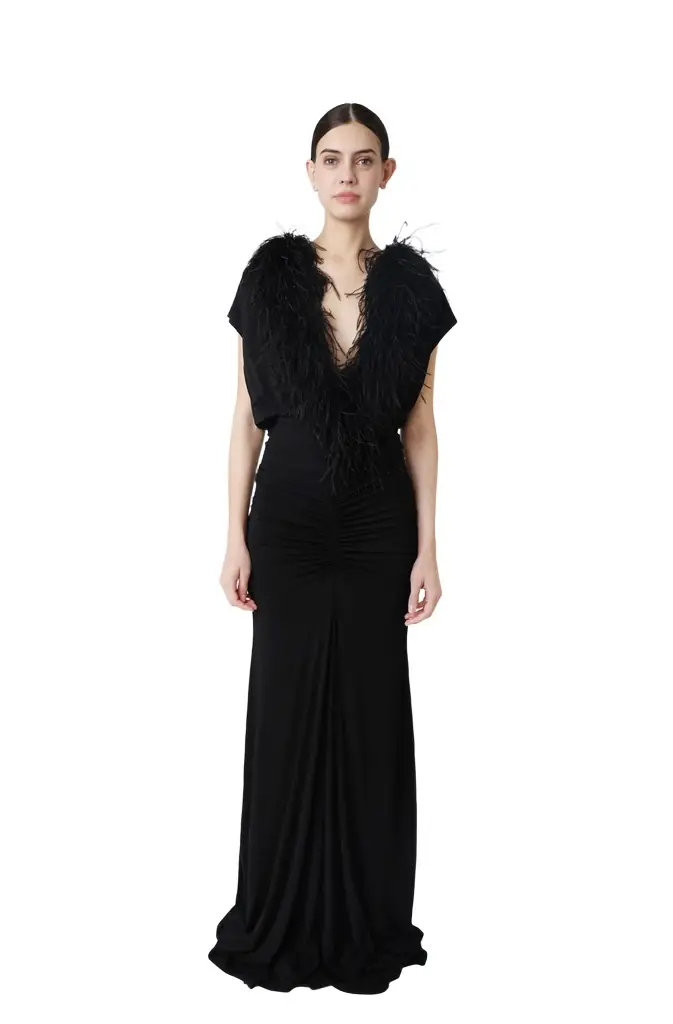 LAPOINTE Jersey V Neck Shirred Gown With Feathers