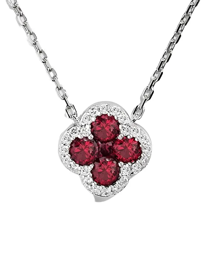 Neiman Marcus Diamonds 18K White Gold Diamond and Ruby Flower Pendant Necklace, 18"L
