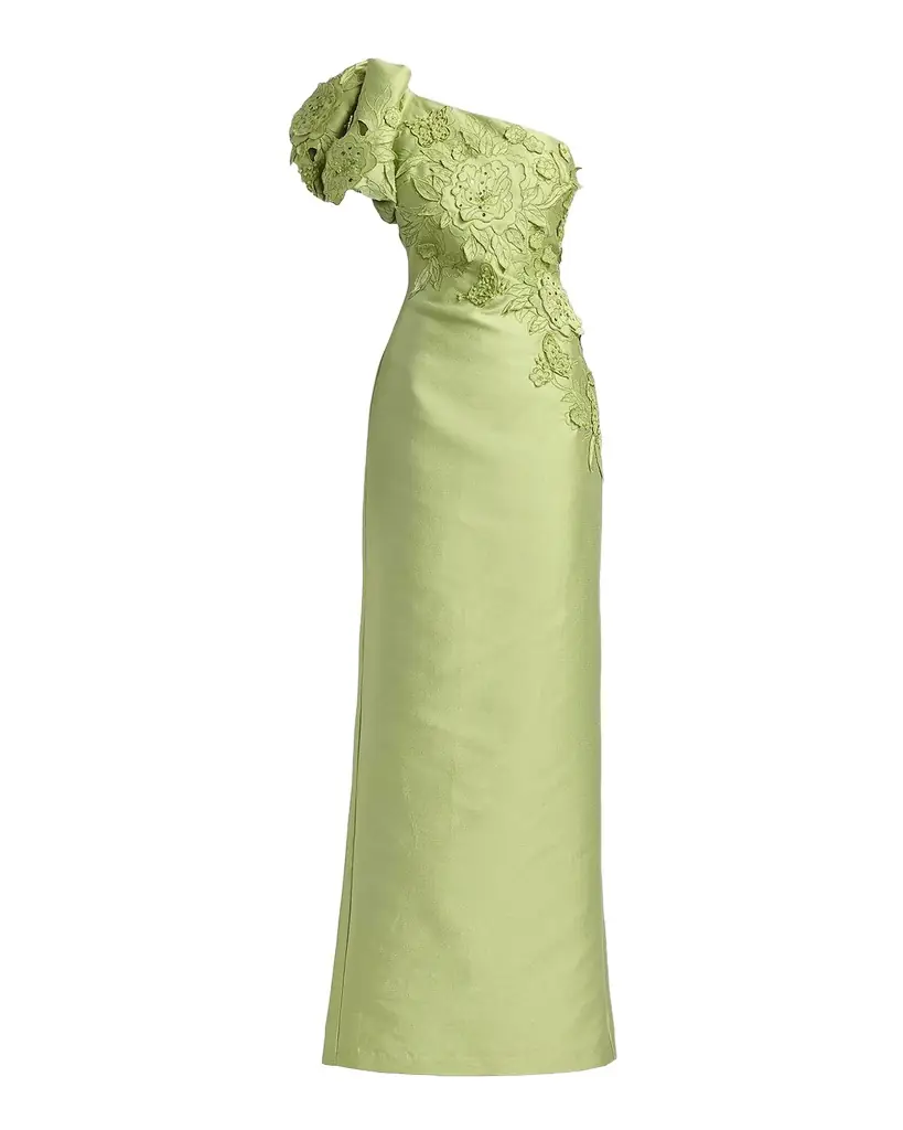 Badgley Mischka One-Shoulder Pebble Gazar Column Gown