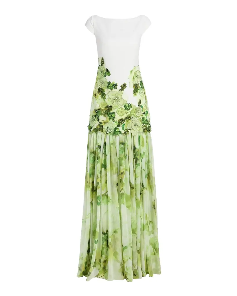 Badgley Mischka Floral Print Dropwaist Sheath Gown