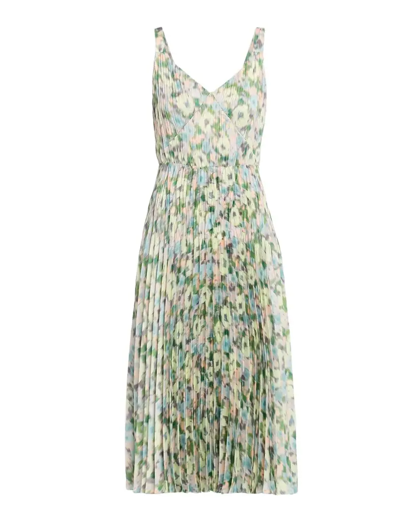 Vince Pleated Painted Garden V-Neck Midi Dress