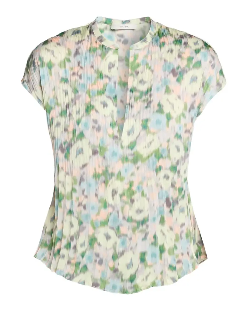 Vince Pleated Painted Garden V-Neck Top