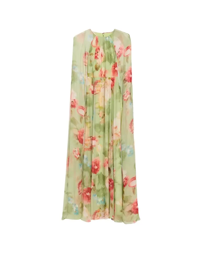 Rickie Freeman for Teri Jon Floral-Print Chiffon Cape Gown