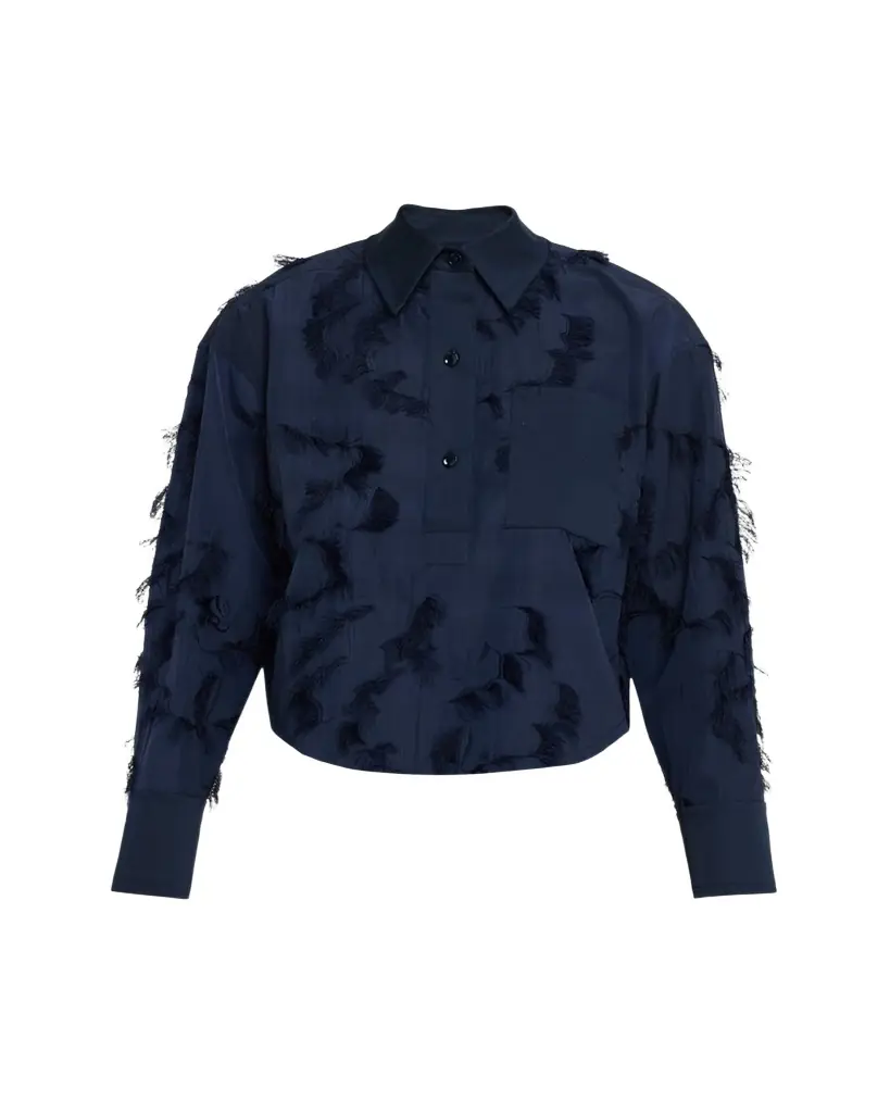 Jason Wu Collection Long Sleeve Fringe Fil Coupe Collared Shirt