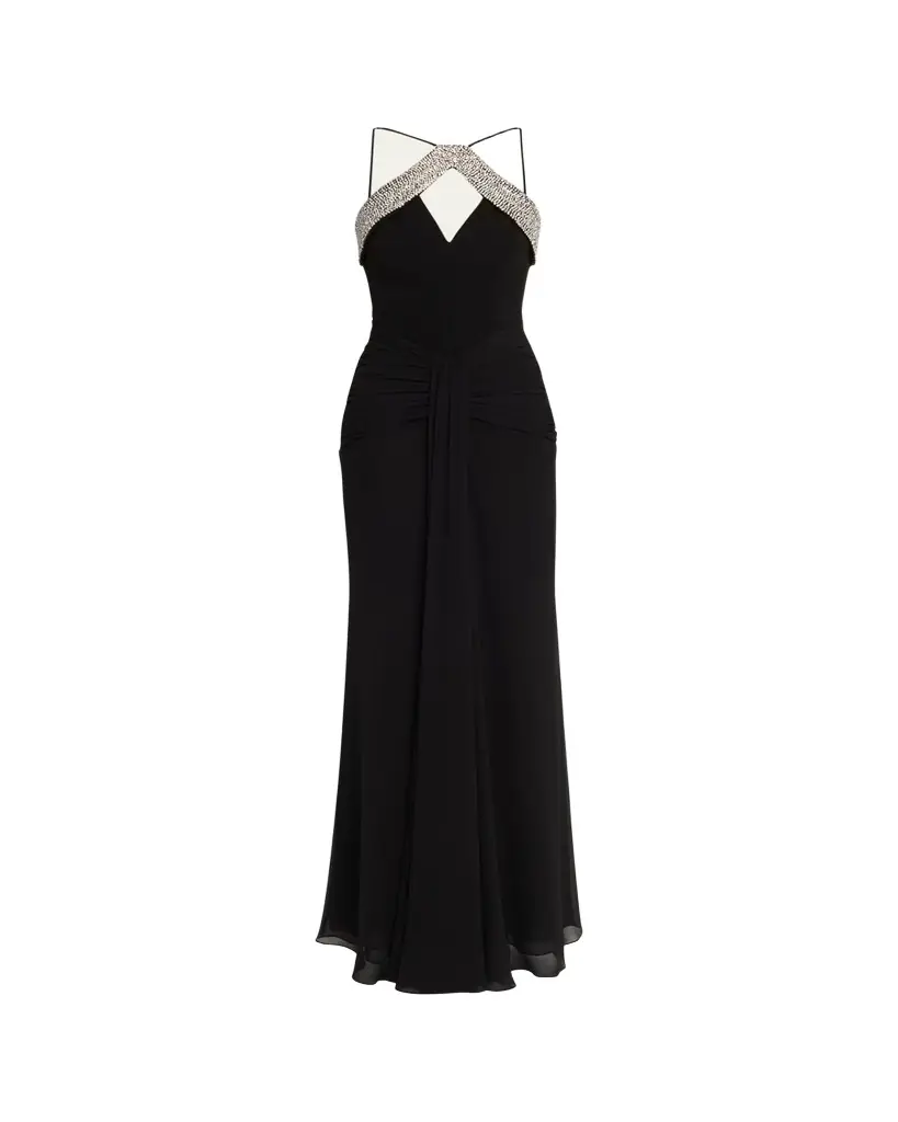 REBECCA VALLANCE Astros Draped Crystal-Trim Halter Gown