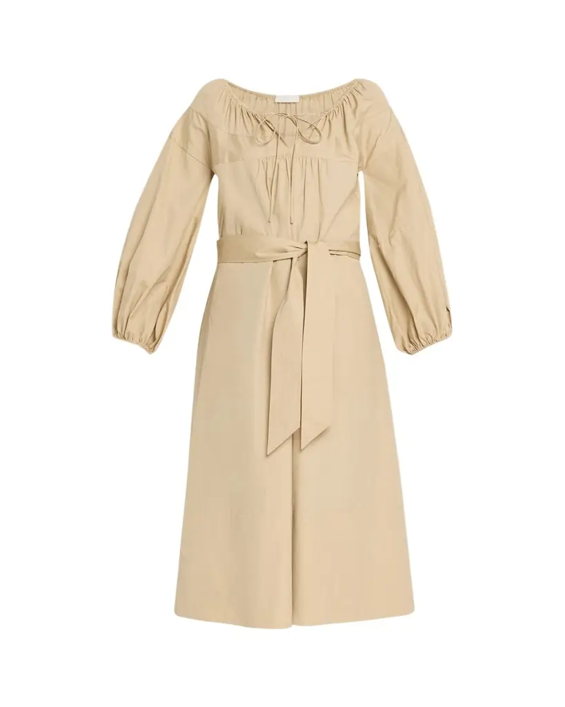 Vince Shirred Cotton Belted Tie-Neck Midi Dress
