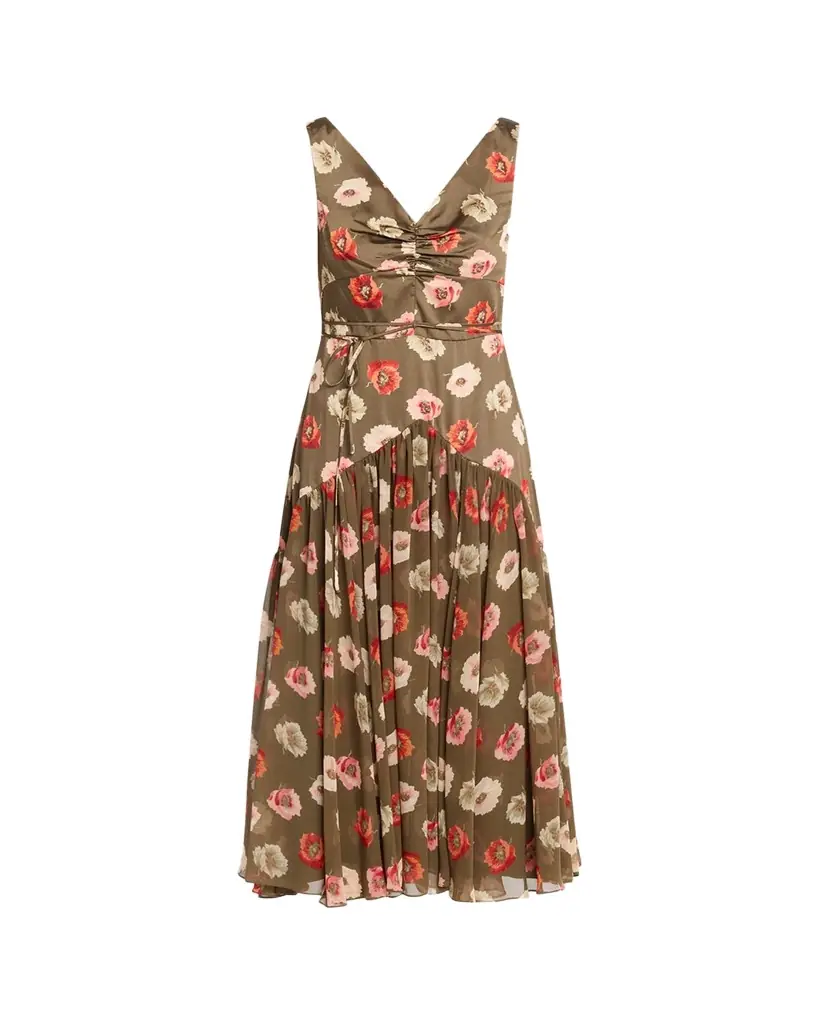 Cinq a Sept Makaila Floating Poppies Satin Midi Dress