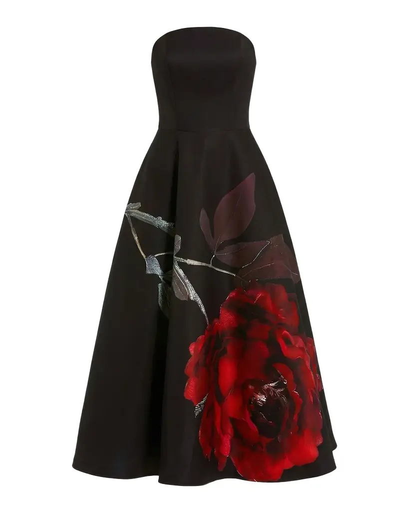 Mac Duggal Strapless Floral-Print Satin Midi Dress