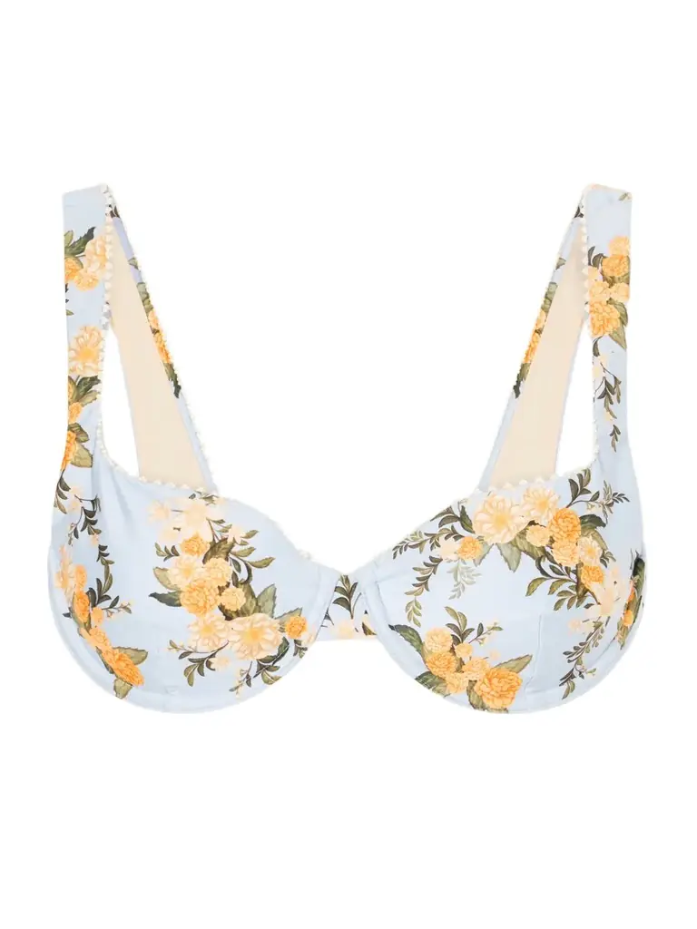 Agua by Agua Bendita Hacienda Valle Pearl-embellished Floral-print Bikini Top