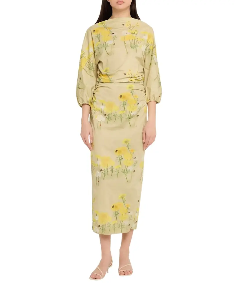 BERNADETTE Ezra Floral Ruched Cotton 3/4-Sleeve Midi Dress