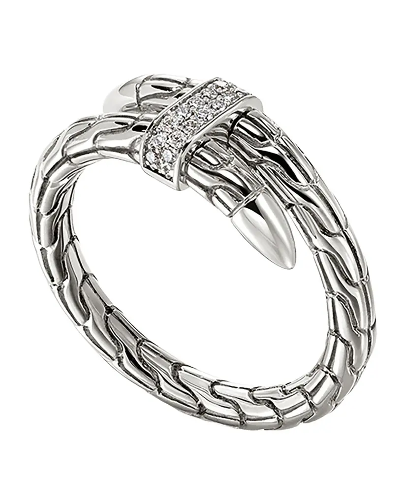 John Hardy Chain Classic Silver Spear Coil Ring with Diamonds