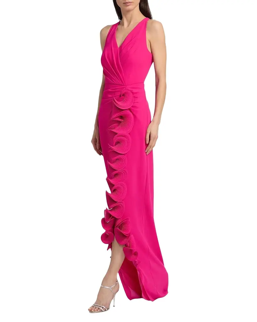 Badgley Mischka Ruffle-Trim Georgette Column Gown