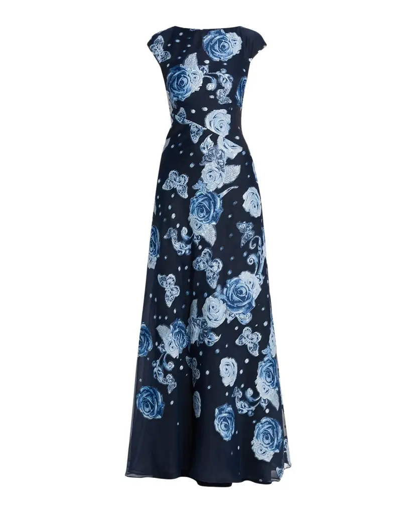 Rickie Freeman for Teri Jon Rose and Butterfly Cap Sleeve Long Gown