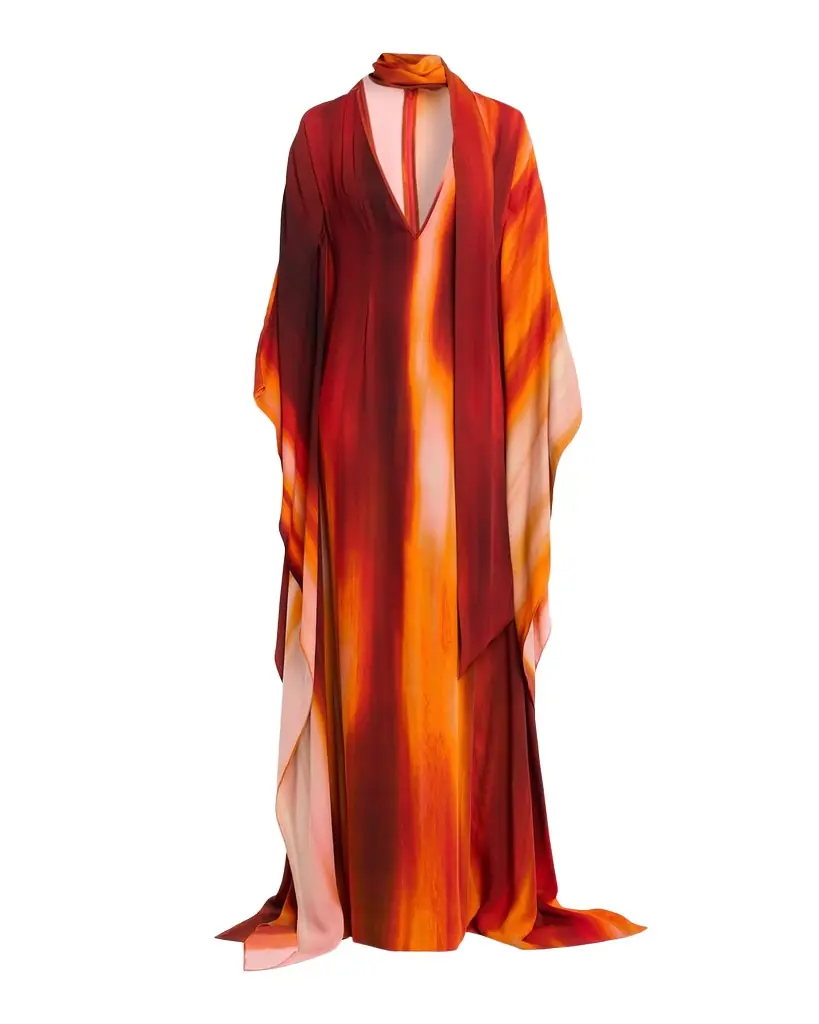 LaQuan Smith Plunging Neck-Scarf Dolman-Sleeve Caftan Gown