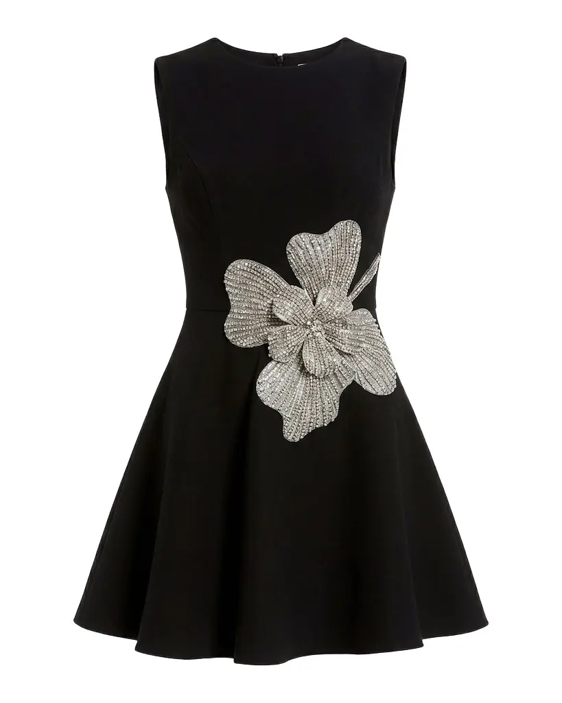 Mac Duggal Rhinestone Flower-Embellished Crepe Mini Dress