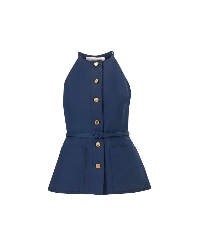 Carolina Herrera Button-Front Belted Halter Peplum Top