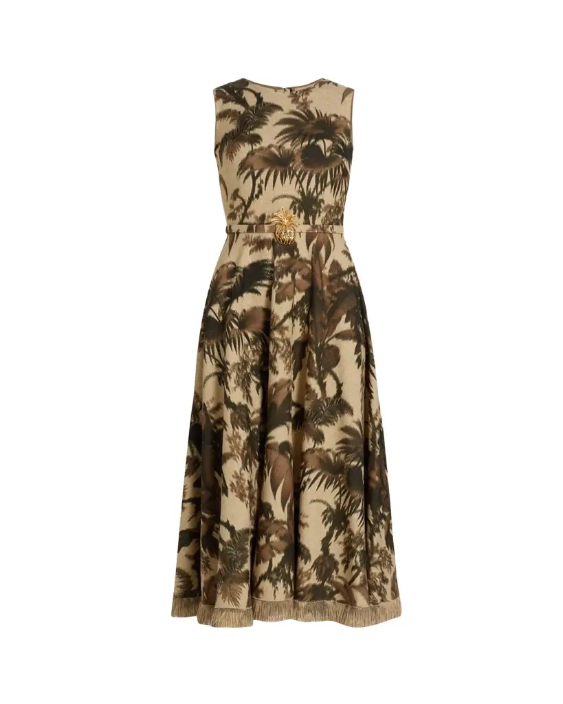 Oscar de la Renta Sleeveless Chine Palm-Print Belted Midi Dress