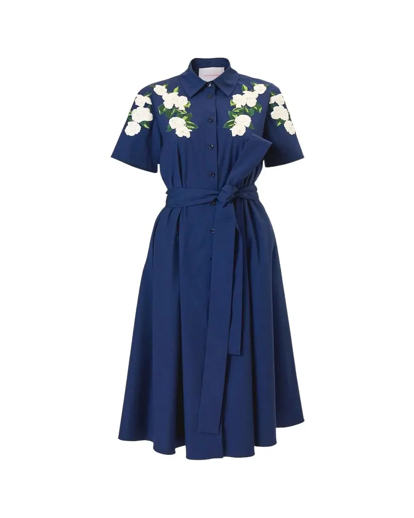 Carolina Herrera Rose Embroidered Short-Sleeve Midi Shirtdress