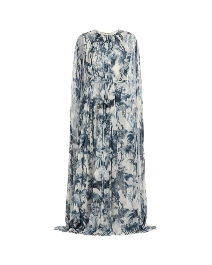 Oscar de la Renta Palm-Print Silk Cape-Sleeve Gown