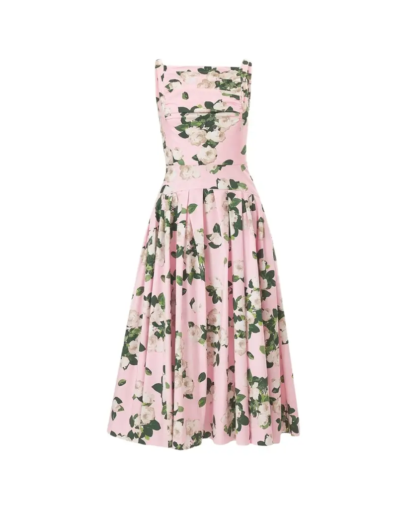 Carolina Herrera Rose-Print Pleated Drop-Waist Midi Dress