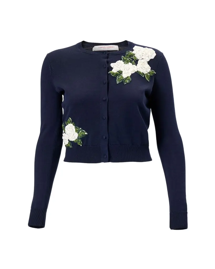 Carolina Herrera Sequined Floral Embroidered Crewneck Cardigan