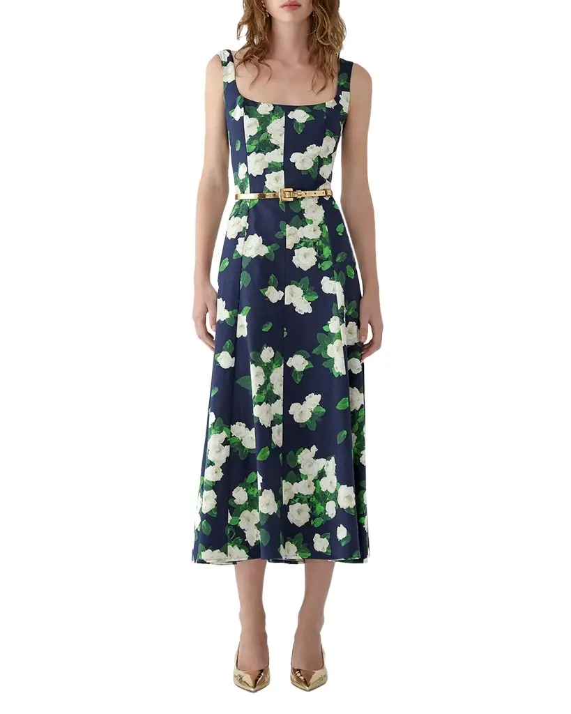 Carolina Herrera Sleeveless Square-Neck Rose-Print Paneled Midi Dress
