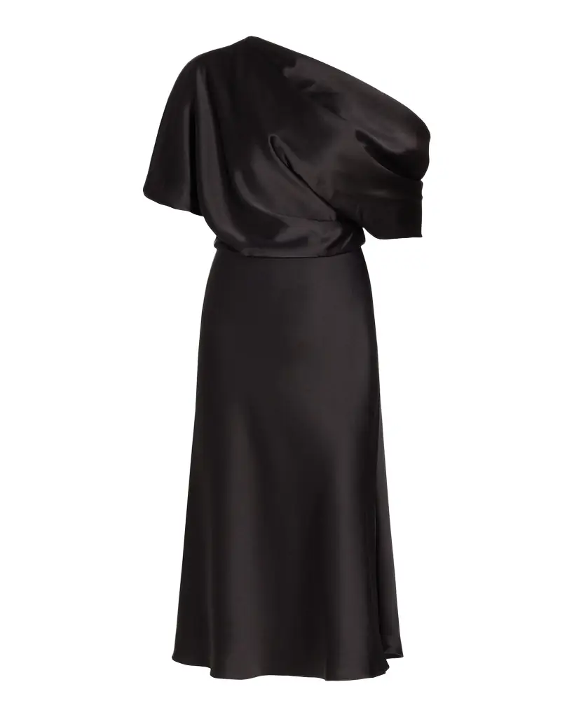 Amsale Draped Satin One-Shoulder Midi-Dress