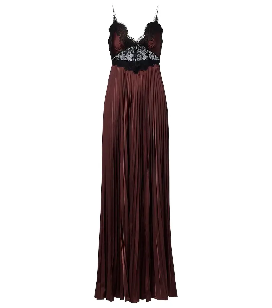 Self-Portrait Lace-trimmed pleated satin maxi dress