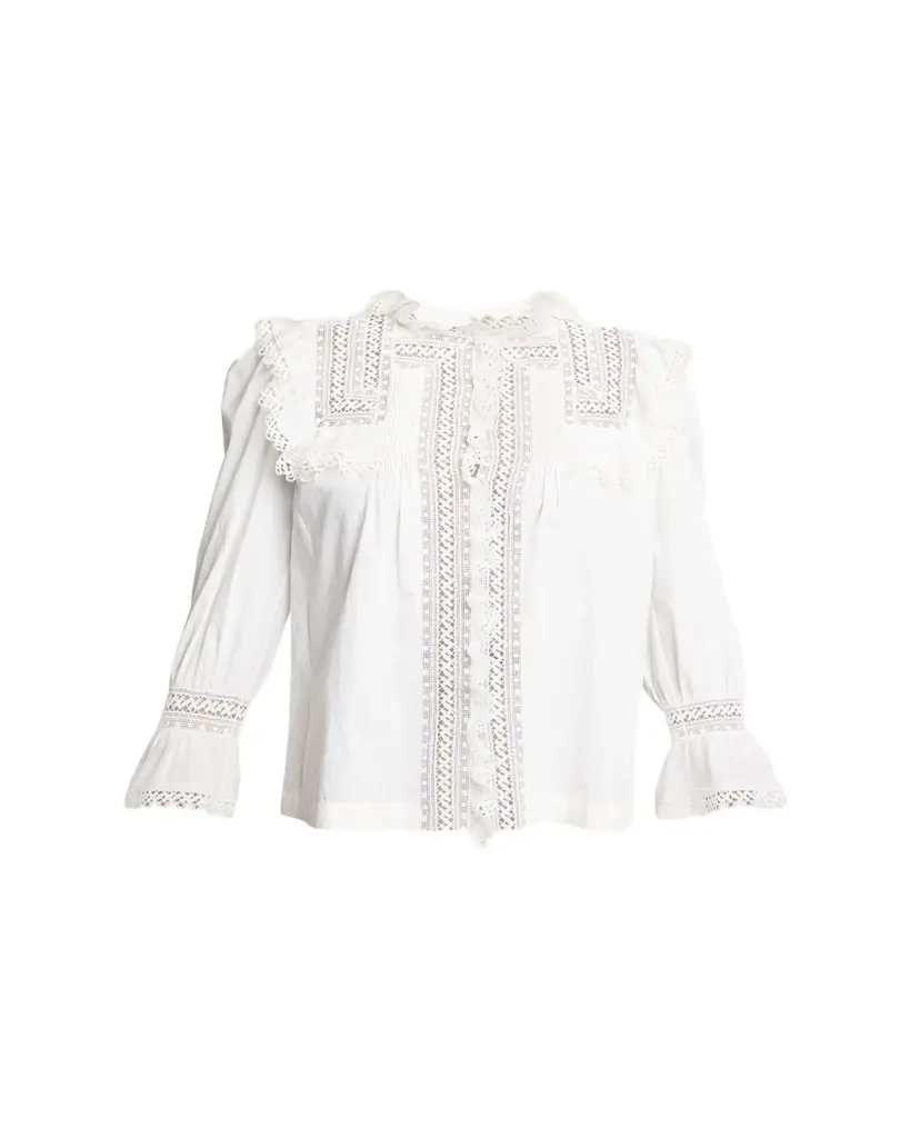 Saint Laurent Lace-Yoke Ruffle Poplin Blouse
