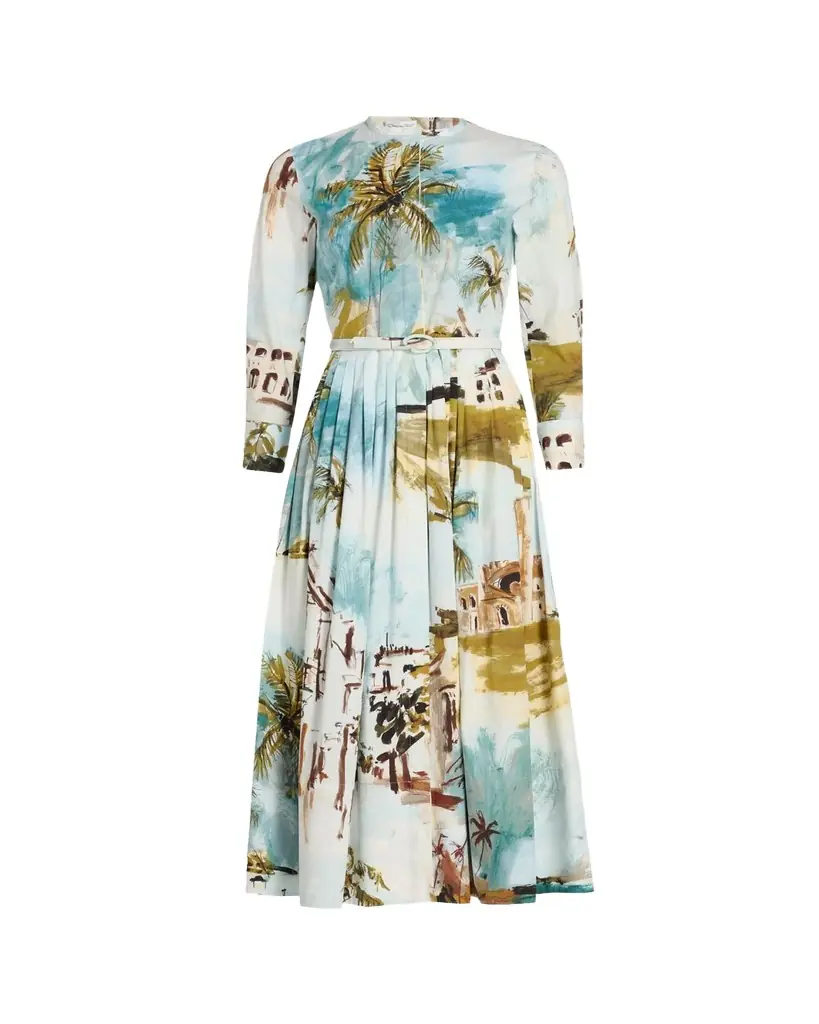 Oscar de la Renta Long-Sleeve Landscape-Print Cotton Poplin Midi Shirtdress With Belt