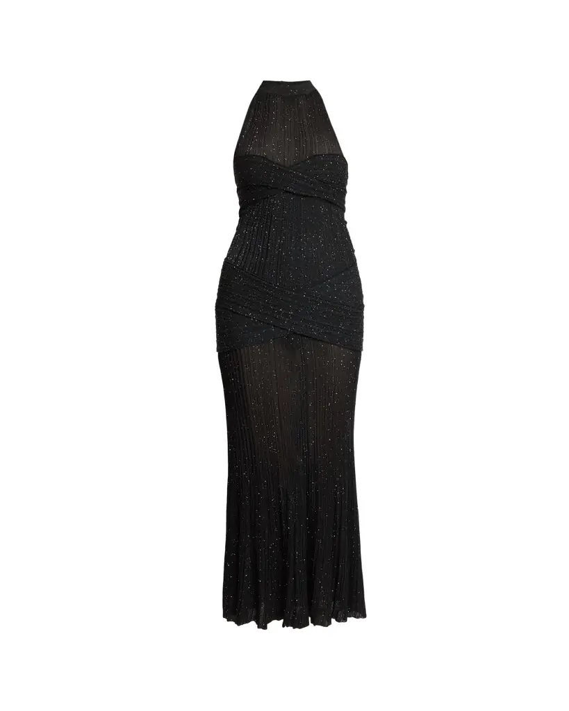 Balmain Glittered Crisscross Semi-Sheer Halter Dress